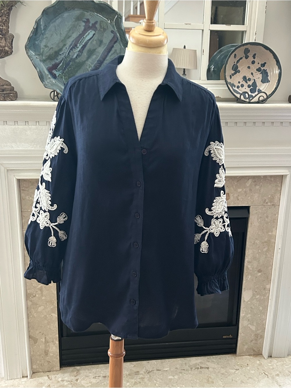 Chico's Navy Linen Button-Down Blouse with White Floral Sleeve Embroidery